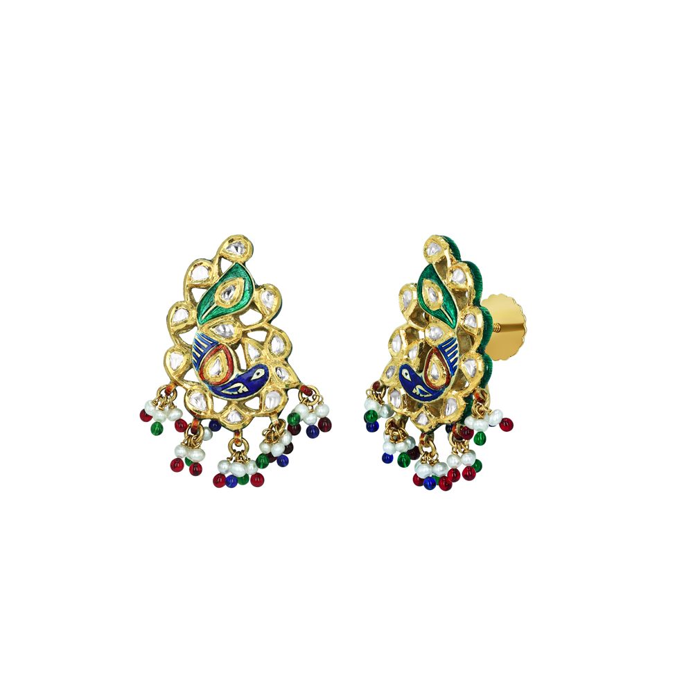 Polki Earrings with Peacock Enamel and Multicolour Beads